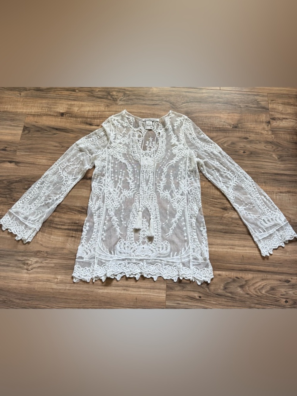 American Rag ivory Embroidered Sheer Blouse with Tassel Tie